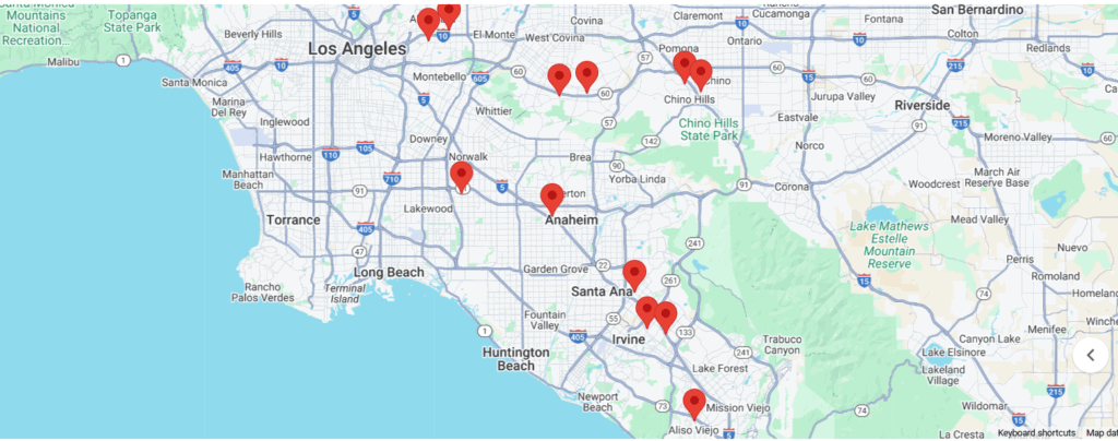 99大華超市在加州洛杉磯附近分布非常廣泛，有高達11家分店